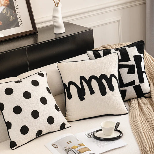 Modern Luxury Chenille Cushion Cover Black and White Geometric Jacquard Embroidery Throw Pillow Covers for Living Room