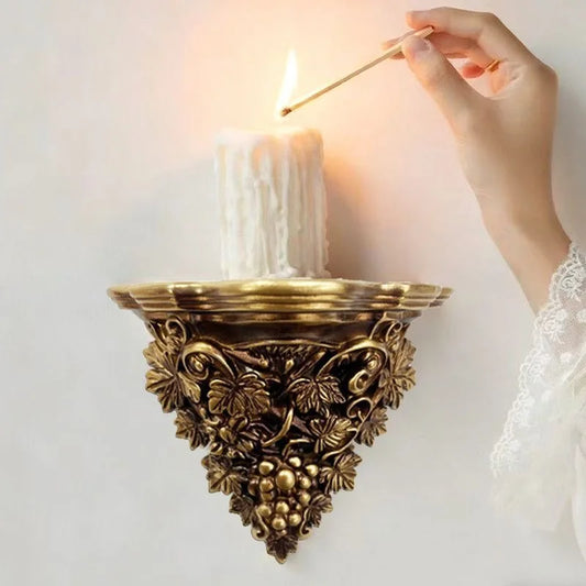 Antique wall mounted decorative shelf, carved candle holder, European style living room, nostalgic resin wall relief decorative