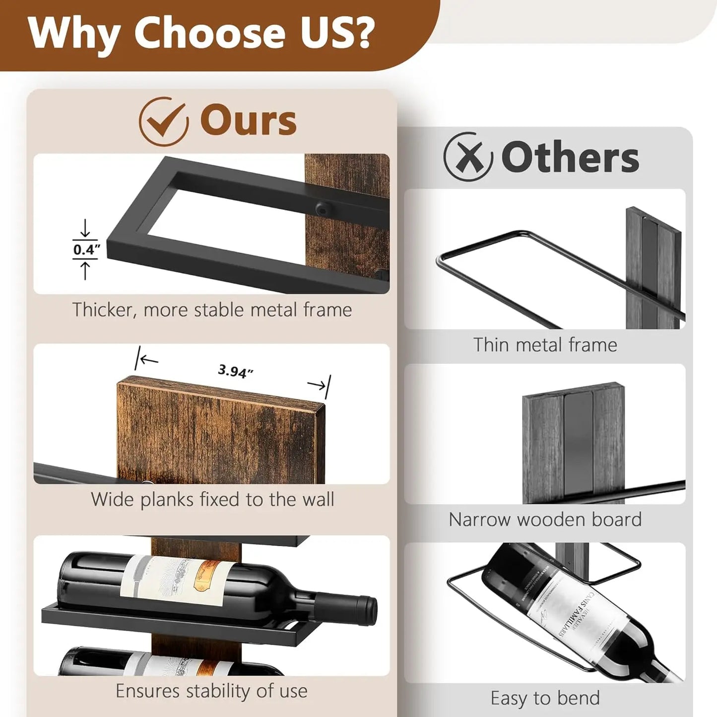 3-Tier Wall Mount Wine Rack,Wall Mounted Wine Bottle Racks for Display and Storage,Hanging Bottle Holder,for Living,Dining Room