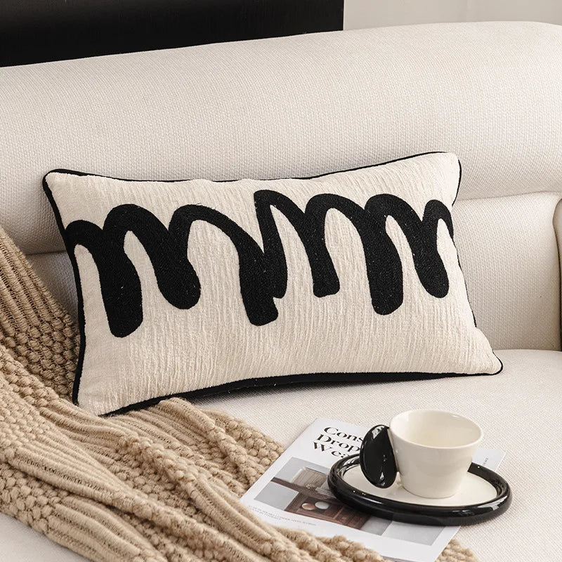 Modern Luxury Chenille Cushion Cover Black and White Geometric Jacquard Embroidery Throw Pillow Covers for Living Room