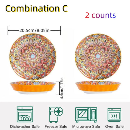 Bohemian Mandala Ceramic Plates 4Pcs 8Inch Deep Dinner Plates Microwave Dishwasher Safe Colorful for Kitchen Dining Gift