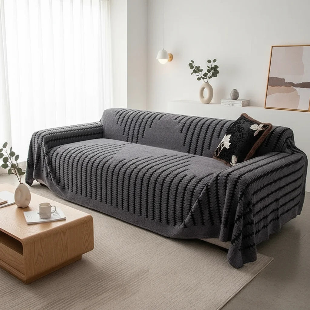 Dark Gray Black Striped Sofa Towel Simple Bohemian Style One-Piece Sofa Cover Cloth Living Room Home Decor
