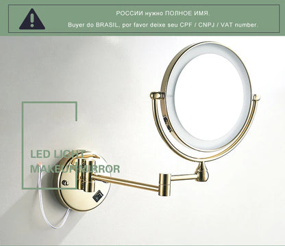 Rose Gold Led Folding Bathroom Mirror Wall Mounted Lighted Home Hotell Bathroom Makeup Mirror 5X Magnifying Plug Bath Mirrors