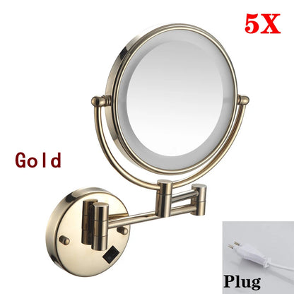 Rose Gold Led Folding Bathroom Mirror Wall Mounted Lighted Home Hotell Bathroom Makeup Mirror 5X Magnifying Plug Bath Mirrors