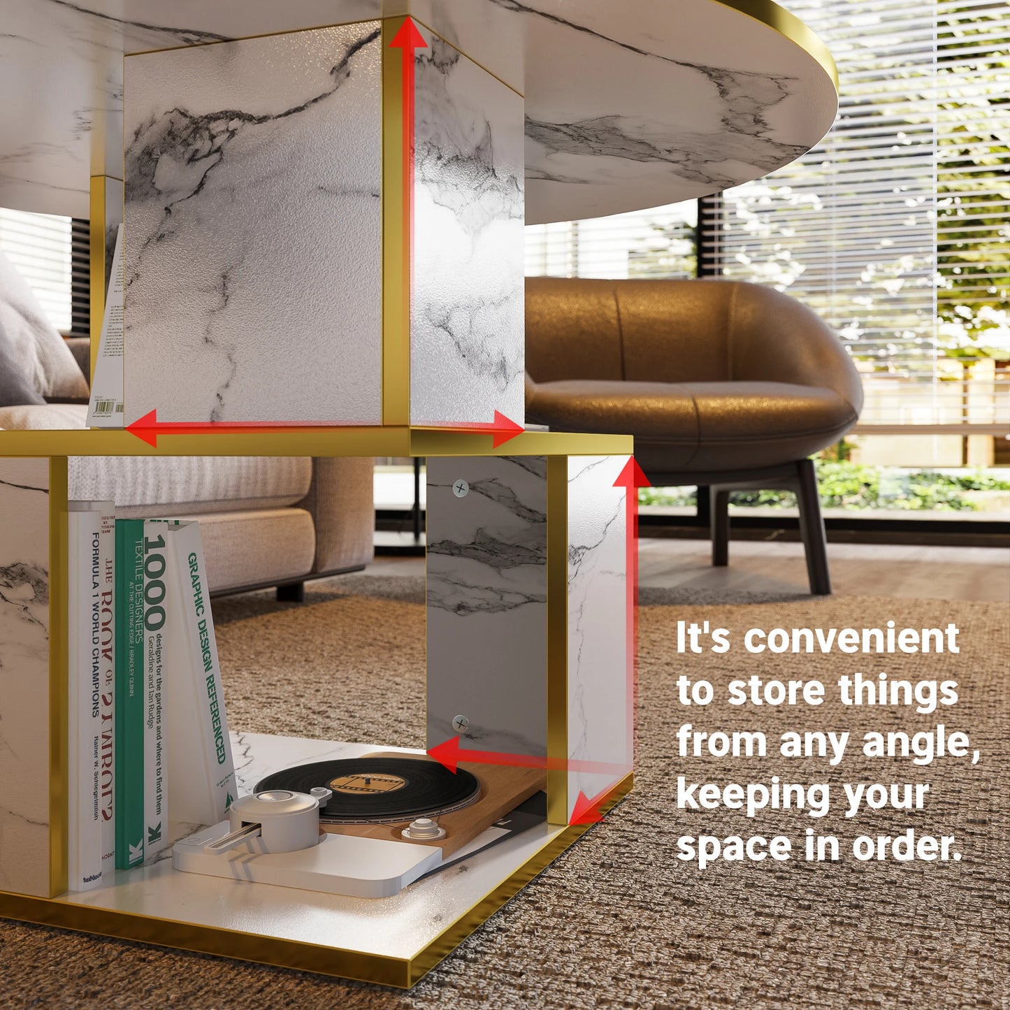 3-Tier Round Coffee Table with Storage, Modern Coffee Table for Living Room, Wooden Tabletop-Marble White with Gold Frame