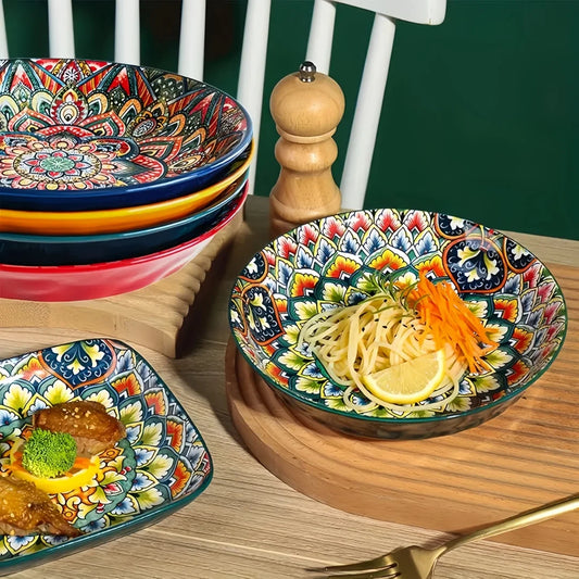 Bohemian Mandala Ceramic Plates 4Pcs 8Inch Deep Dinner Plates Microwave Dishwasher Safe Colorful for Kitchen Dining Gift