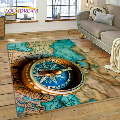 3D Ancient Nautical Chart World Map Compass Carpet Rug for Bedroom Living Room Sofa Decoration,Child Game Large Decor Floor Mat