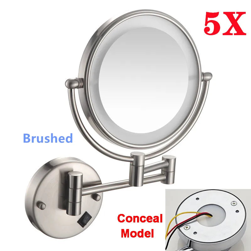 Rose Gold Led Folding Bathroom Mirror Wall Mounted Lighted Home Hotell Bathroom Makeup Mirror 5X Magnifying Plug Bath Mirrors