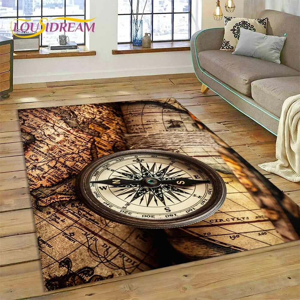 3D Ancient Nautical Chart World Map Compass Carpet Rug for Bedroom Living Room Sofa Decoration,Child Game Large Decor Floor Mat
