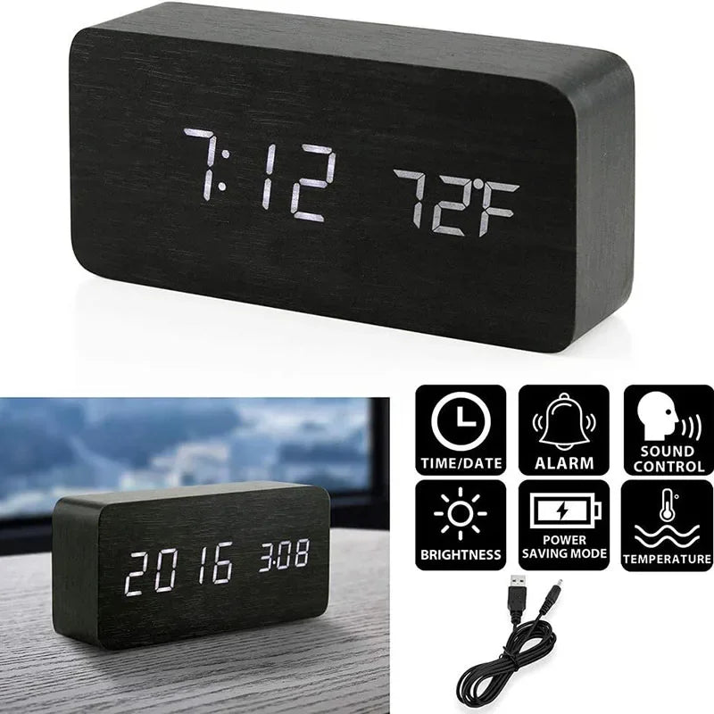 "Retro Wooden Digital Alarm Clock with LED Display & Temperature Sensor, Silent Night Light for Office/Bedroom/Living Room"