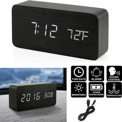 "Retro Wooden Digital Alarm Clock with LED Display & Temperature Sensor, Silent Night Light for Office/Bedroom/Living Room"