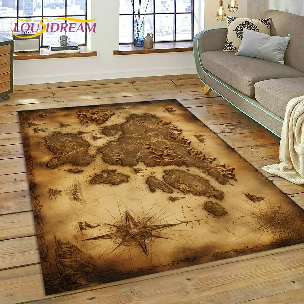 3D Ancient Nautical Chart World Map Compass Carpet Rug for Bedroom Living Room Sofa Decoration,Child Game Large Decor Floor Mat