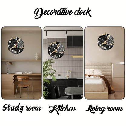 Black Marble Wooden Round Silent Hanging Wall Clock, Suitable For Living Room, Office, Study Room, Bedroom, Home Decoration