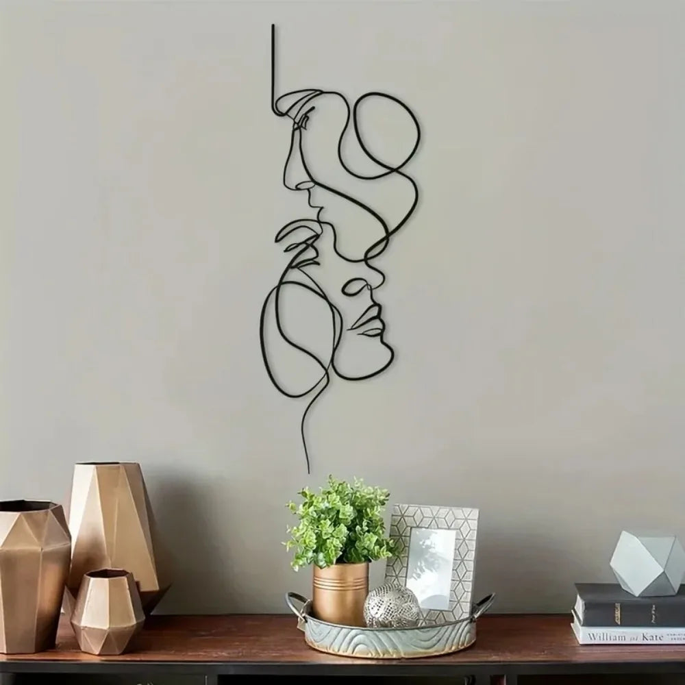 1pc Metal Wall Art Minimalist - Facial Line Wall Decor, Abstract Black Iron Sculpture for Modern Home Hanging Decor