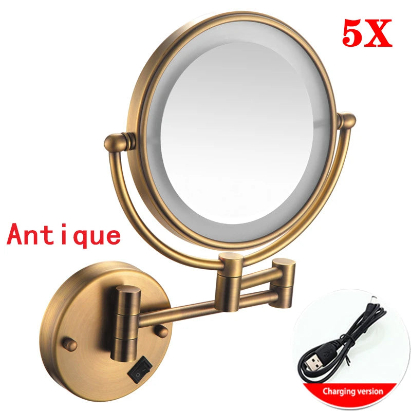 Rose Gold Led Folding Bathroom Mirror Wall Mounted Lighted Home Hotell Bathroom Makeup Mirror 5X Magnifying Plug Bath Mirrors