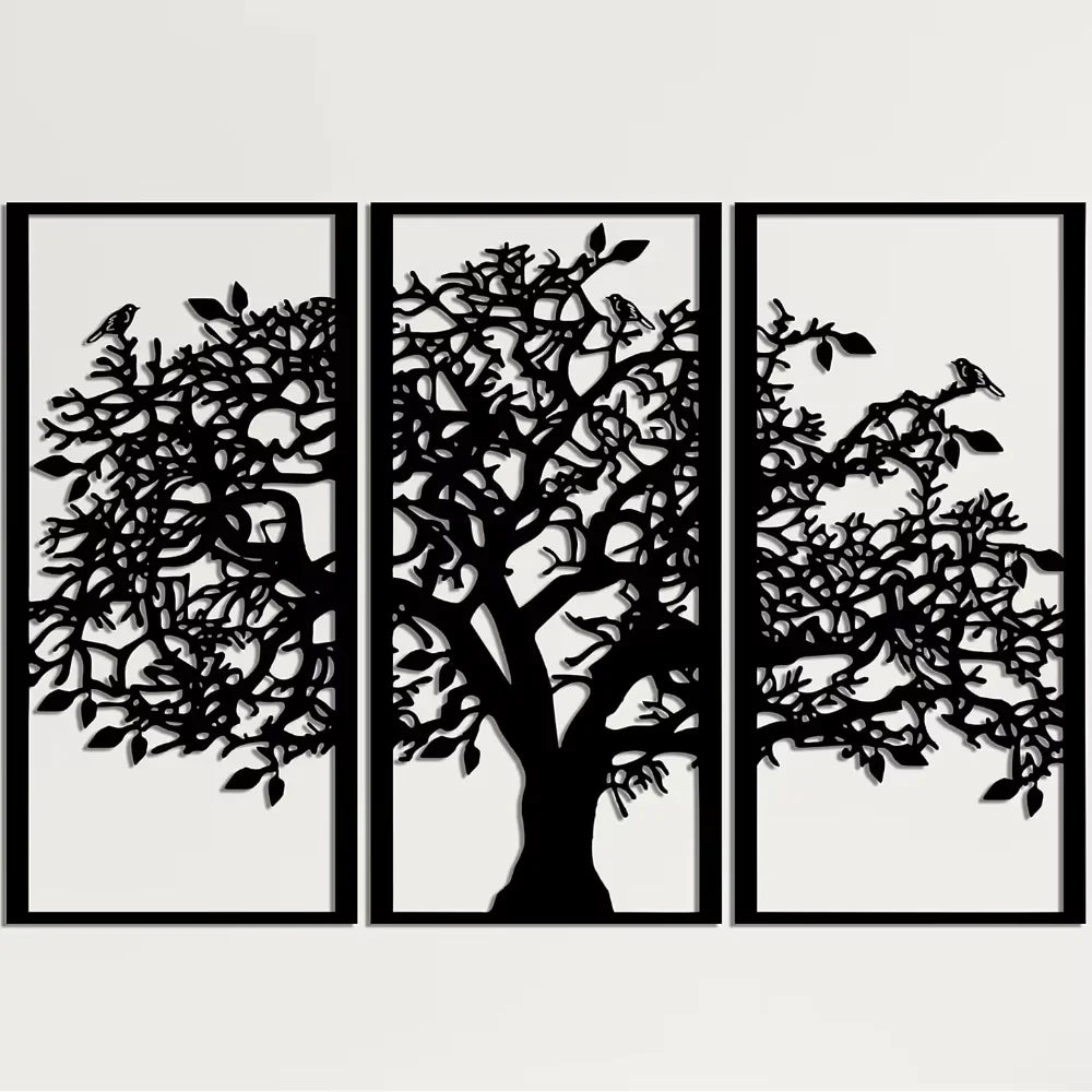 3Pcs Family Tree Metal Wall Decor – Tree of Life Iron Art. Modern 3D Wall Art for Home, Bedroom, and Living Room Decoration.