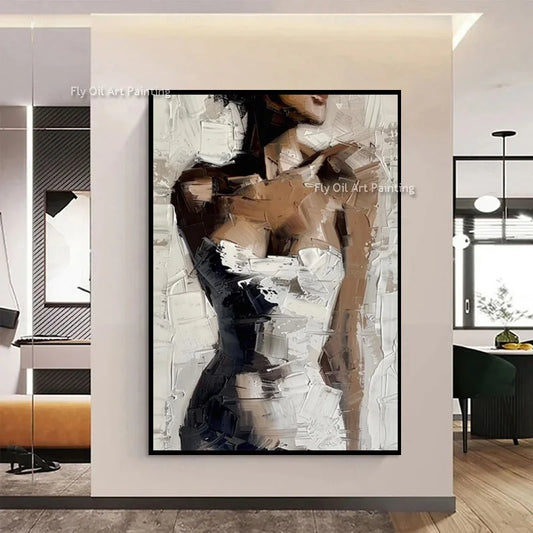 Handmade Black And White Women Portrait Oil Painting On Canvas New Elengance Brown White Sexy Girls Wall Art Decor For Bedroom