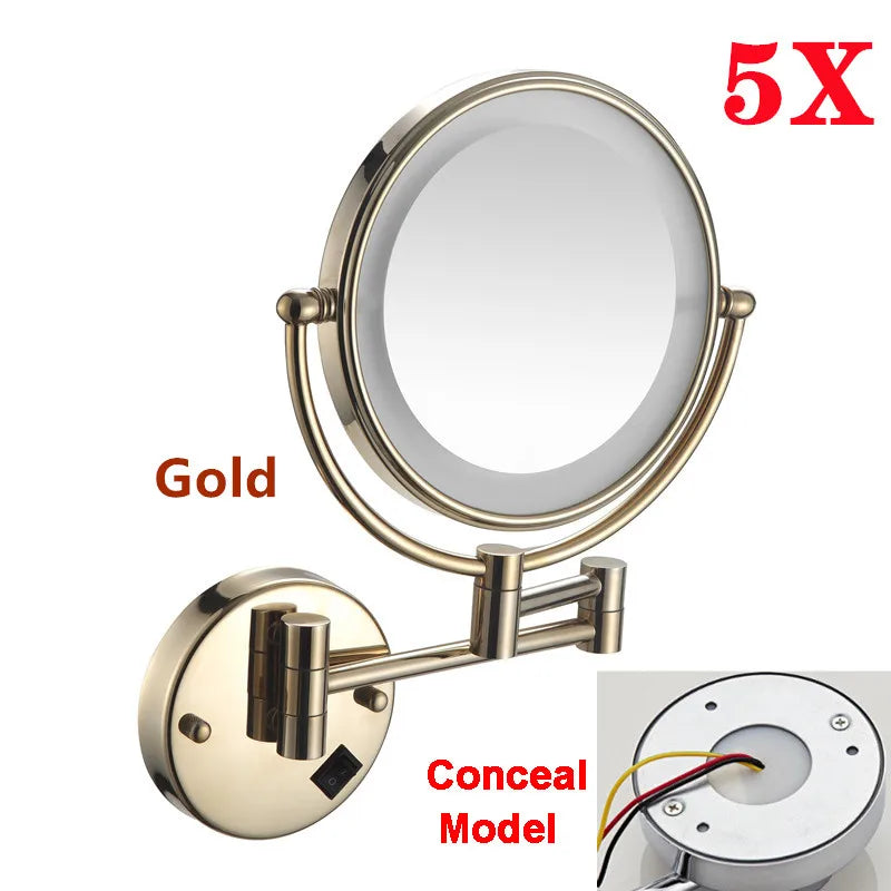 Rose Gold Led Folding Bathroom Mirror Wall Mounted Lighted Home Hotell Bathroom Makeup Mirror 5X Magnifying Plug Bath Mirrors