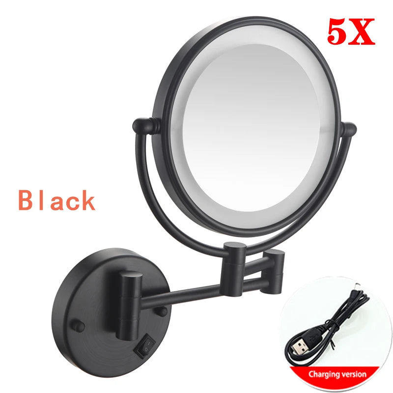 Rose Gold Led Folding Bathroom Mirror Wall Mounted Lighted Home Hotell Bathroom Makeup Mirror 5X Magnifying Plug Bath Mirrors