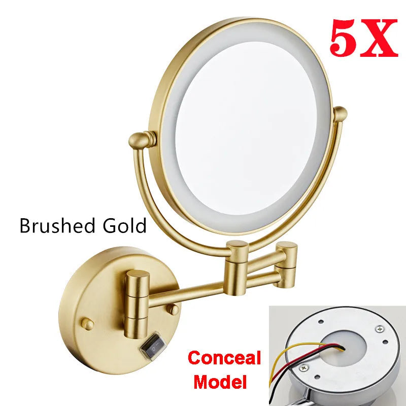Rose Gold Led Folding Bathroom Mirror Wall Mounted Lighted Home Hotell Bathroom Makeup Mirror 5X Magnifying Plug Bath Mirrors