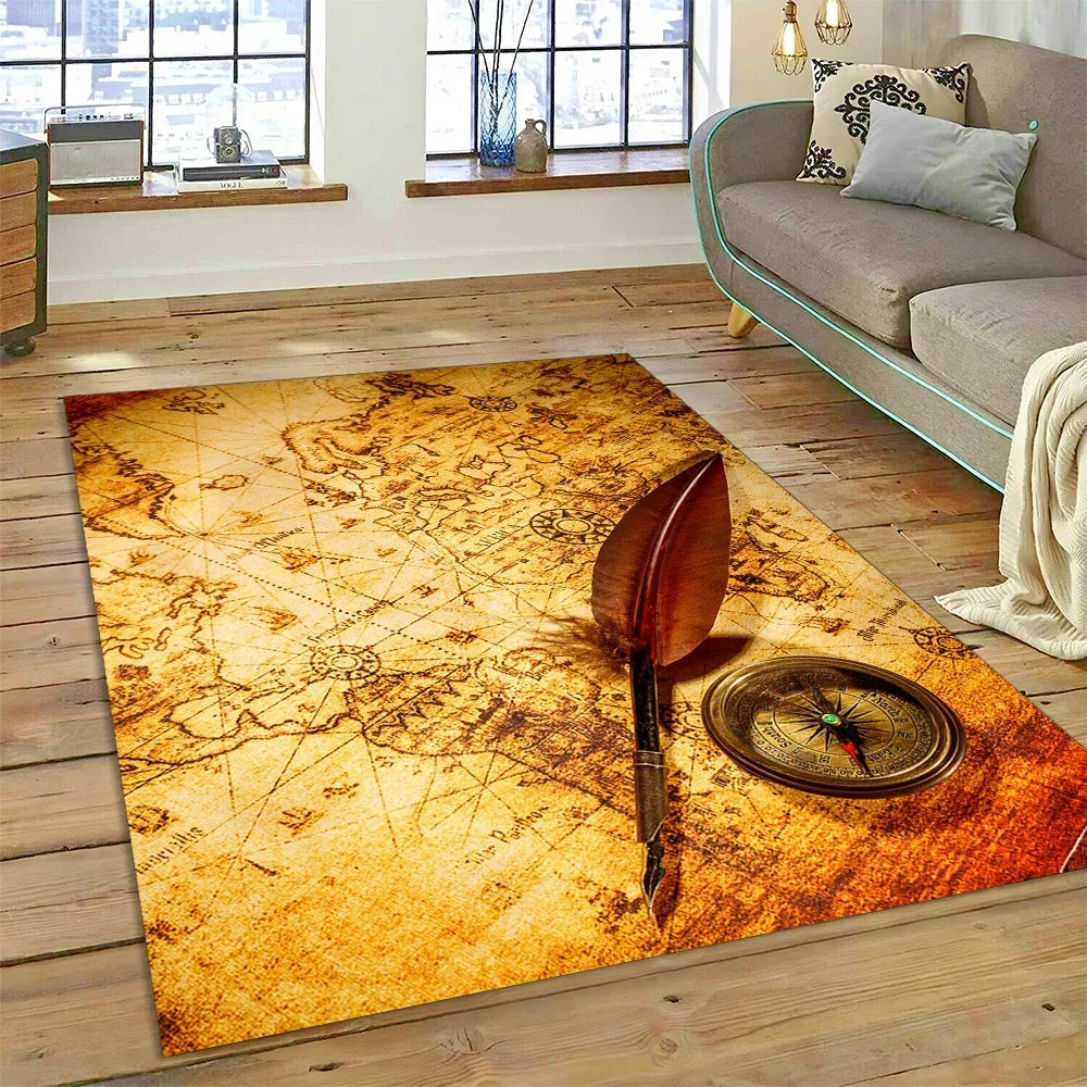 3D Ancient Nautical Chart World Map Compass Carpet Rug for Bedroom Living Room Sofa Decoration,Child Game Large Decor Floor Mat