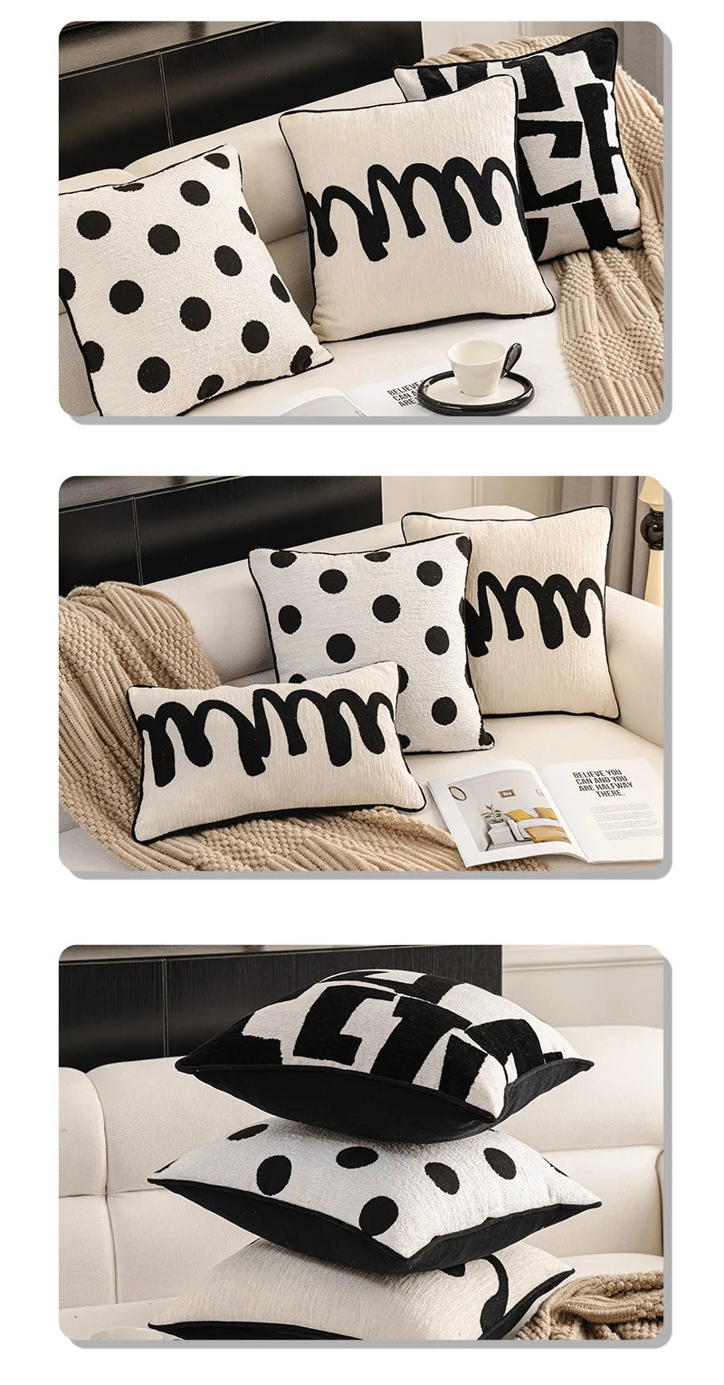 Modern Luxury Chenille Cushion Cover Black and White Geometric Jacquard Embroidery Throw Pillow Covers for Living Room