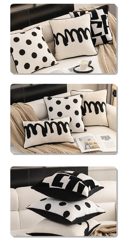 Modern Luxury Chenille Cushion Cover Black and White Geometric Jacquard Embroidery Throw Pillow Covers for Living Room