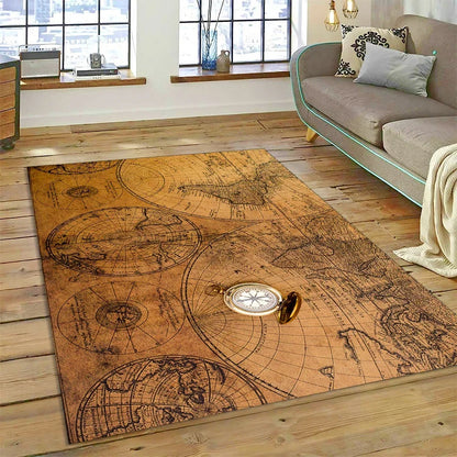 3D Ancient Nautical Chart World Map Compass Carpet Rug for Bedroom Living Room Sofa Decoration,Child Game Large Decor Floor Mat