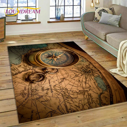 3D Ancient Nautical Chart World Map Compass Carpet Rug for Bedroom Living Room Sofa Decoration,Child Game Large Decor Floor Mat