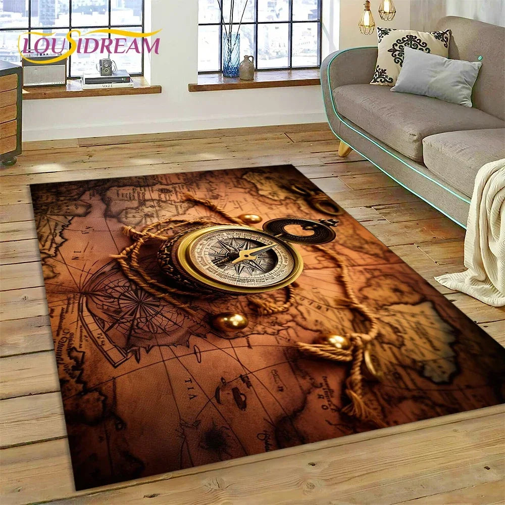 3D Ancient Nautical Chart World Map Compass Carpet Rug for Bedroom Living Room Sofa Decoration,Child Game Large Decor Floor Mat