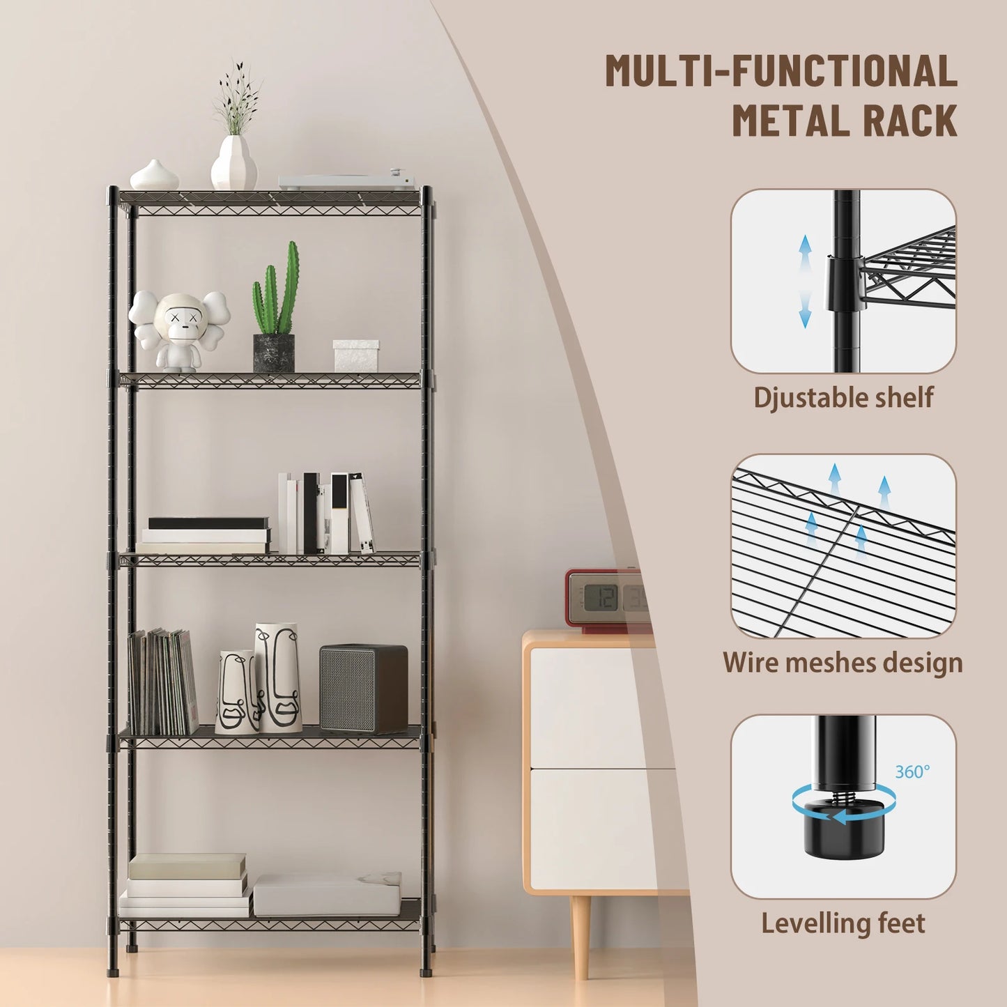 3/4/5 Tier Heavy Duty Shelving Units, Adjustable Metal Wire Storage Rack for Kitchen Garage Pantry Living Room Warehouse