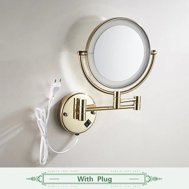 Rose Gold Led Folding Bathroom Mirror Wall Mounted Lighted Home Hotell Bathroom Makeup Mirror 5X Magnifying Plug Bath Mirrors