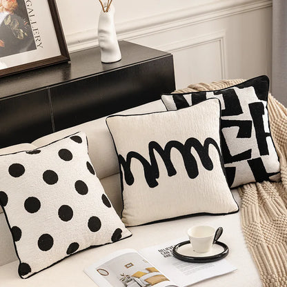 Modern Luxury Chenille Cushion Cover Black and White Geometric Jacquard Embroidery Throw Pillow Covers for Living Room