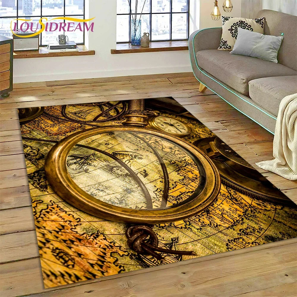 3D Ancient Nautical Chart World Map Compass Carpet Rug for Bedroom Living Room Sofa Decoration,Child Game Large Decor Floor Mat