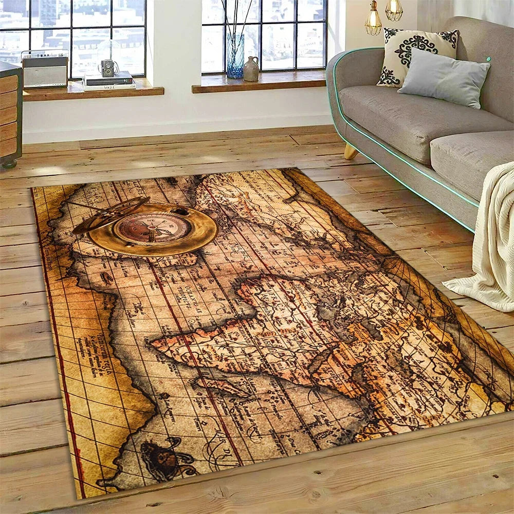 3D Ancient Nautical Chart World Map Compass Carpet Rug for Bedroom Living Room Sofa Decoration,Child Game Large Decor Floor Mat