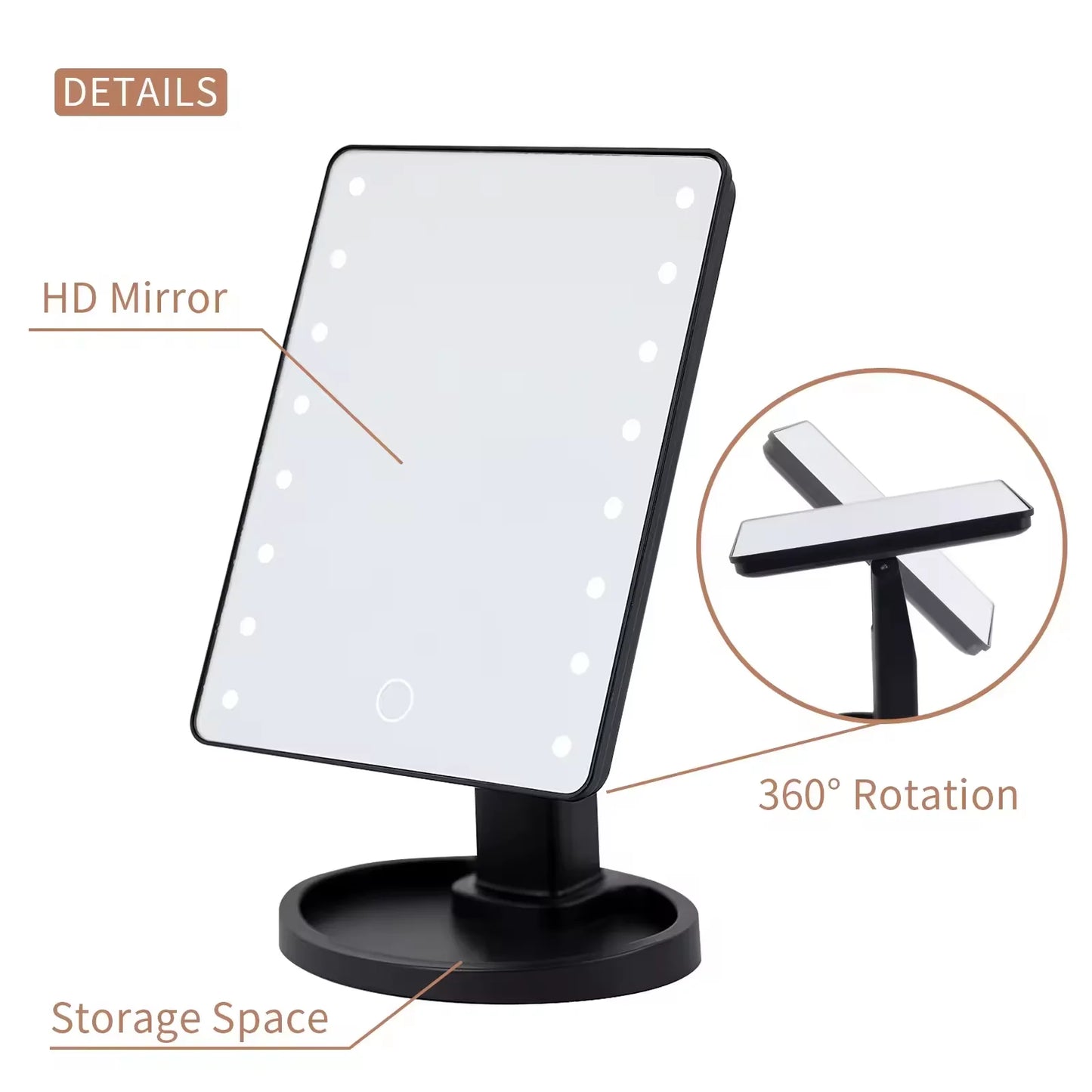 Lighted Vanity Makeup Mirror Rotation LED Mirror Touch Screen Adjusted Brightness Desk USB Dual Supply Bathroom Cosmetic Mirrors