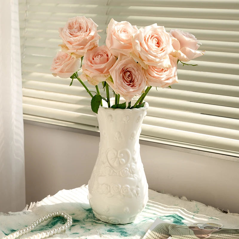 European Retro Relief Rose Ceramic Vase Highend Living Room Decor Desktop Home Decoration Ornaments