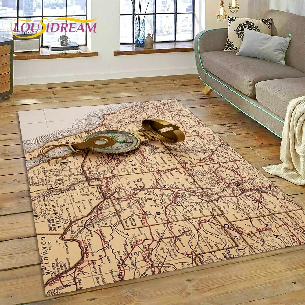 3D Ancient Nautical Chart World Map Compass Carpet Rug for Bedroom Living Room Sofa Decoration,Child Game Large Decor Floor Mat