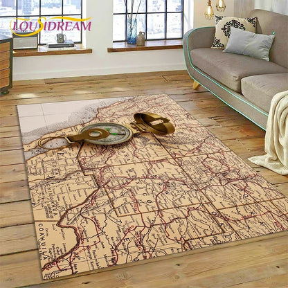 3D Ancient Nautical Chart World Map Compass Carpet Rug for Bedroom Living Room Sofa Decoration,Child Game Large Decor Floor Mat