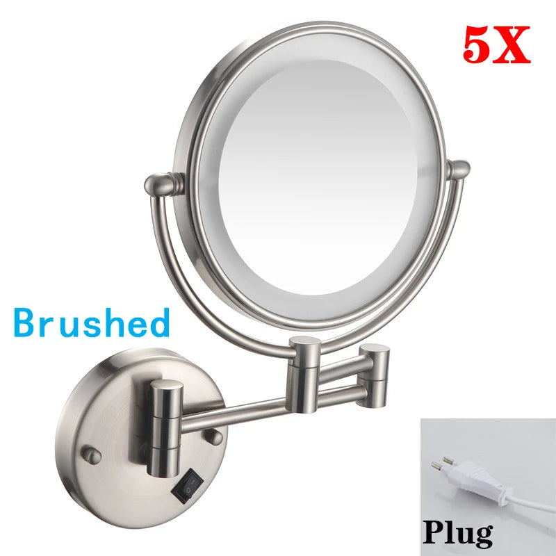 Rose Gold Led Folding Bathroom Mirror Wall Mounted Lighted Home Hotell Bathroom Makeup Mirror 5X Magnifying Plug Bath Mirrors