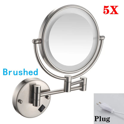 Rose Gold Led Folding Bathroom Mirror Wall Mounted Lighted Home Hotell Bathroom Makeup Mirror 5X Magnifying Plug Bath Mirrors