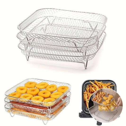 3-piece Stainless Steel Air Fryer Accessory Set - Square Fries and Grilling Rack for Kitchen Dining, Air Fryer Rack