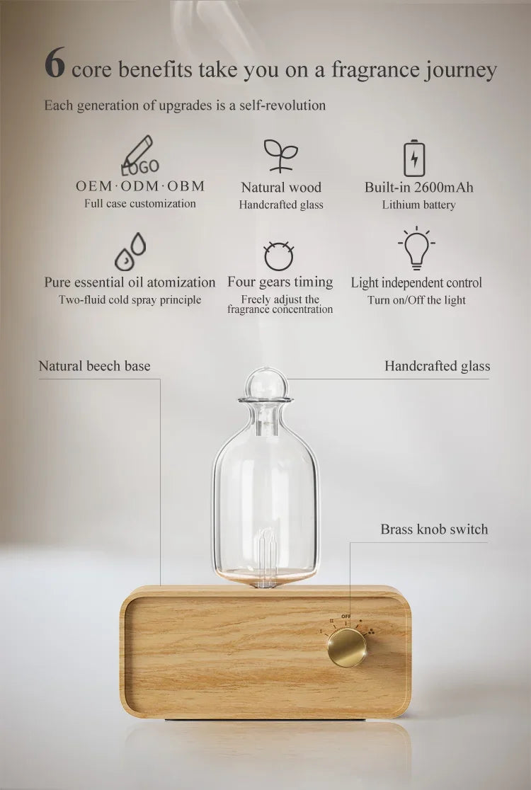 Nebulizing Essential Oil Diffusers For Aromatherapy - Battery Operated Diffuser Wood & Glass Oil Diffuser For Home Office