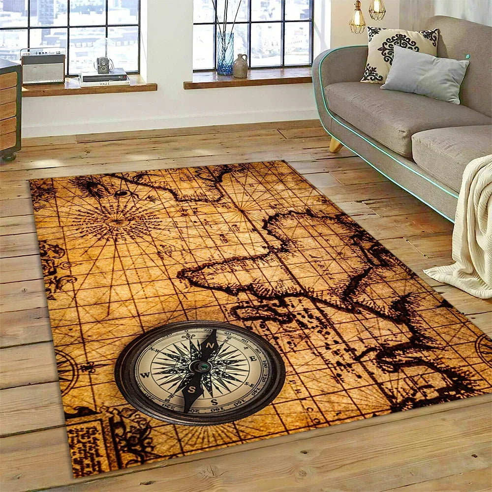 3D Ancient Nautical Chart World Map Compass Carpet Rug for Bedroom Living Room Sofa Decoration,Child Game Large Decor Floor Mat