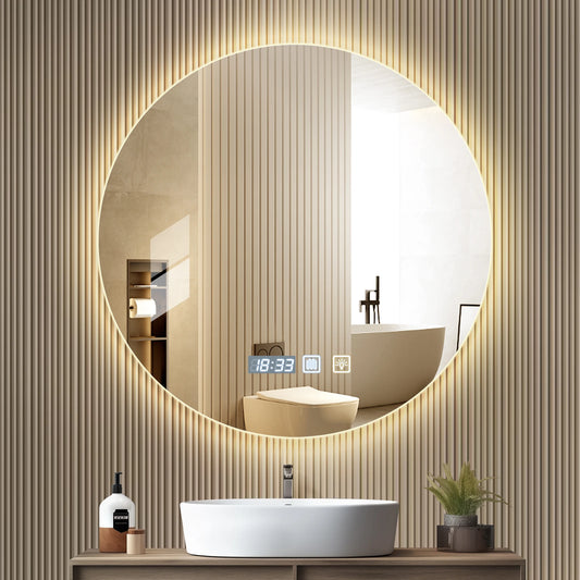 Round LED Bathroom Mirror With Light Touch Screen Defogging Bath Mirrors With Time 3 Colors Dimmable Wall Makeup Mirrors