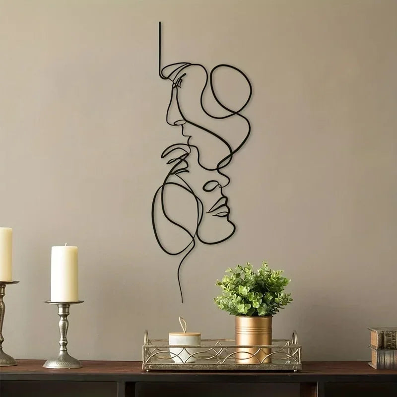 1pc Metal Wall Art Minimalist - Facial Line Wall Decor, Abstract Black Iron Sculpture for Modern Home Hanging Decor