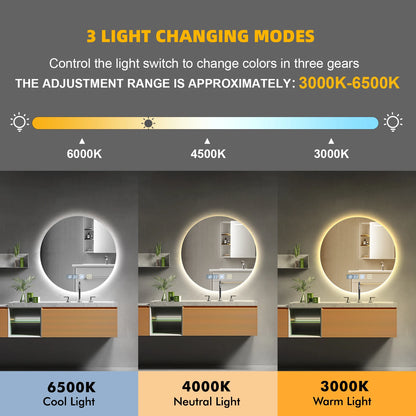 Round LED Bathroom Mirror With Light Touch Screen Defogging Bath Mirrors With Time 3 Colors Dimmable Wall Makeup Mirrors