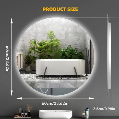 Round LED Bathroom Mirror With Light Touch Screen Defogging Bath Mirrors With Time 3 Colors Dimmable Wall Makeup Mirrors