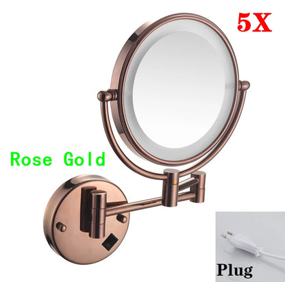 Rose Gold Led Folding Bathroom Mirror Wall Mounted Lighted Home Hotell Bathroom Makeup Mirror 5X Magnifying Plug Bath Mirrors