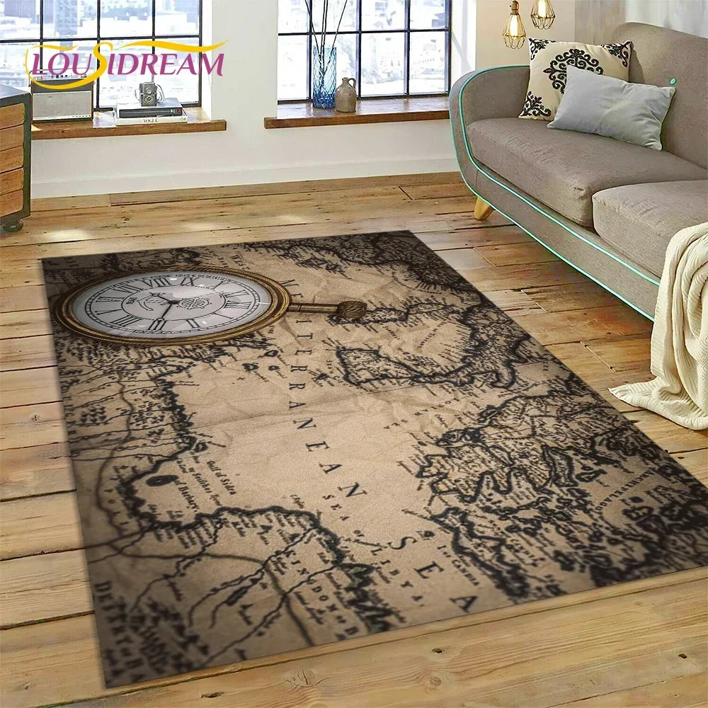 3D Ancient Nautical Chart World Map Compass Carpet Rug for Bedroom Living Room Sofa Decoration,Child Game Large Decor Floor Mat